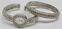 Ladies White Crystal Silver Tone Watch & Bracelet