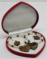 Polished Stone Hearts Necklace & Earrings Set