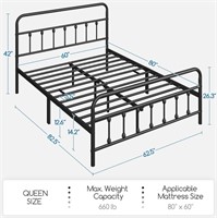 Classic Metal Platform Bed Frame, Queen Size
