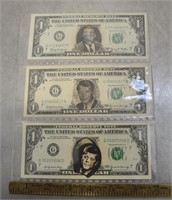 3 U.S. one dollar bills with optional picture