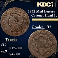 1832 Med Letters Coronet Head Large Cent 1c Grades