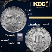 1852 Three Cent Silver 3cs Graded ms64 By SEGS