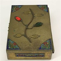 Oriental Brass Enameled & Jeweled Hinged Lid Box