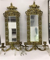 Pair Of Brass Mirrors With 2 Light Wall Sconce