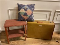 Wooden stool, suitcase, pillow