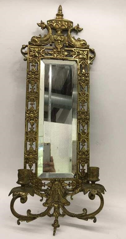Brass Mirror With 2 Light Wall Sconce