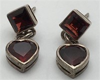 Sterling Silver Red Stone Heart Earrings