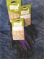Three new packs of mud gloves two medium one