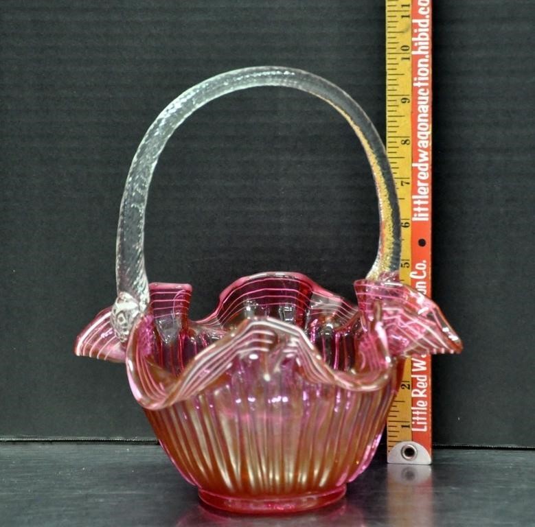 Cranberry art glass basket