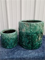 2 teal terracotta 6.5 x7'' & 11 x 10.25'' planters