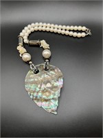 Vintage Large Abalone Shell & Faux Pearl Necklace