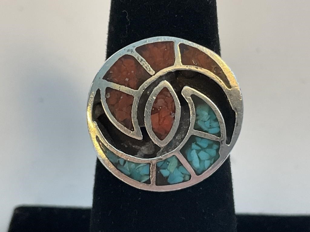 Sterling & Turquoise & Coral Ring 5.3gr TW SZ 6.5