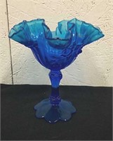 Vintage Fenton 6.5 in blue ruffled Edge compote
