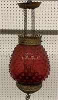 Brass & Cranberry Glass Hobnail Hall Light