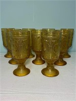 9pc Amber Glass Drinking Glasses Vintage