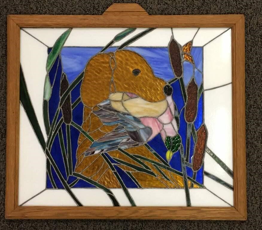 Leaded Art Glass Plaque, Dog & Game