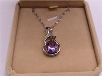 New Sterling 18" Necklace & Purple Stone Pendant