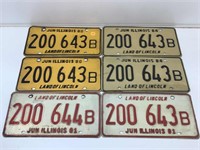 3 Matched Illinois Metal License Plate Sets.
