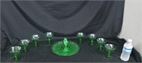 NICE GREEN URANIUM GLASS SERVING DISH & 8 STEMWARE