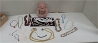 AZTEC SEATED TERRACOTTA PRIEST & BEADED NECKLACES