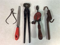 Vintage Hand Drill, Turnbuckle, Nippers, File ect.