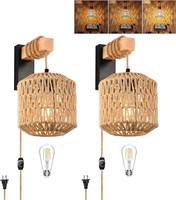 Set of 2 rattan plug-in wall lights, bohemian