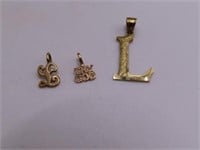 (3) 14kt Gold small Pendants "L" & Try God 1.3g