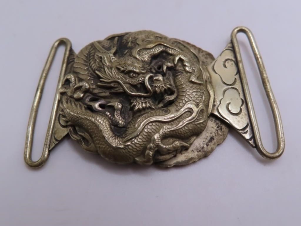 antique Oriental Signed 2.5" DRAGON Belt Buckle