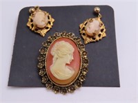 3pc Cameo FilagreeType Vtg Pin & Earrings *unmarkd