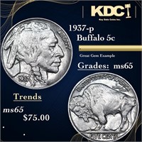 1937-p Buffalo Nickel 5c Grades GEM Unc