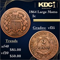 1864 Large Motto Two Cent Piece 2c Grades vf+