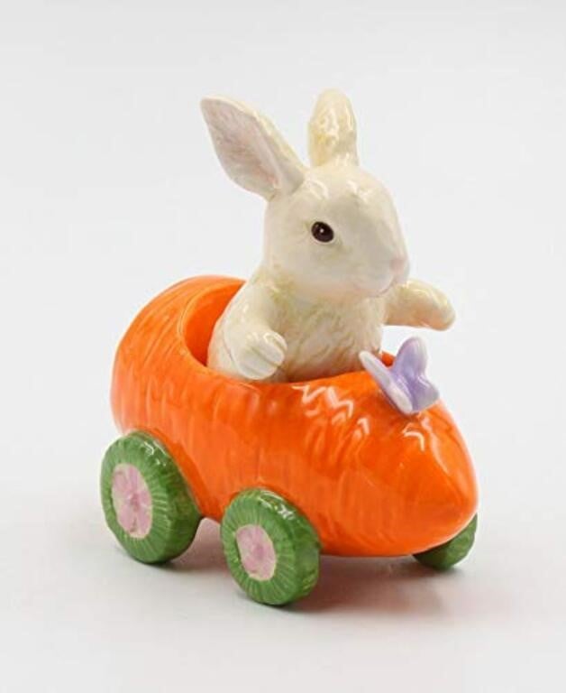 Fine Ceramic Bunny Rabbit on Carrot Cart Salt &
