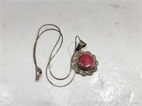 Silver Necklace with Red Stone