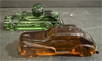 Two Vintage Green Glass Candy Containers