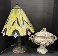Tiffany Style Lamp, Italian Porcelain Cherub