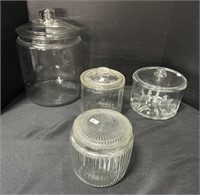 (4) Vintage Clear Glass Covered Containers.