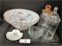 Large Shell Bowl, Pyrex Measuring Cup, Glassware.