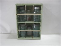 Vtg 12"x 5"x 18" Wood Shelf W/6 Mason Jars