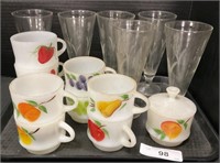 9 Hand Painted Fire King Mugs, 6 Glass Flutes.