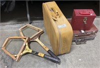 Spalding Tennis Rackets, Vntg Luggage, Records.