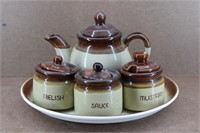 Vintage Brown/ Tan Teapot, Condiment Jars & Plate