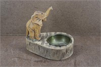 Vintage Hand Carved Elephant Ashtray w/ Brass Bowl