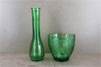 Vtg E.O. Brody Bowl w/ Green Glass Bud Vase