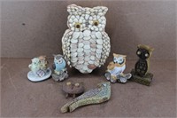 Misc. Owl Figurines w/ Shell Decorated Jewelry Box