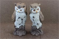 Vtg Ceramic Owls Perched on Tree Stump Figurines