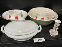 Ironstone Soup Tureen, Bowls, 3D Floral Vase.