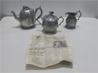 Three Antique Shaw & Fisher Pewter Tea Set Items