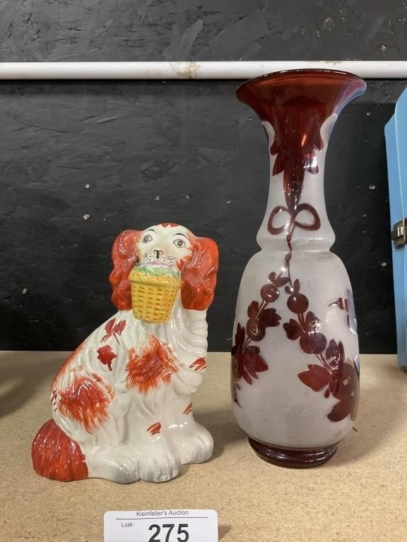 Ceramic Dog & Bohemian Hand Blown Glass Vase.