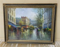 LargeTrolley Street Scene Oil on Canvas, Signed.