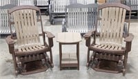 3 PC Brown/Tan Poly Swivel Chairs and Side Table